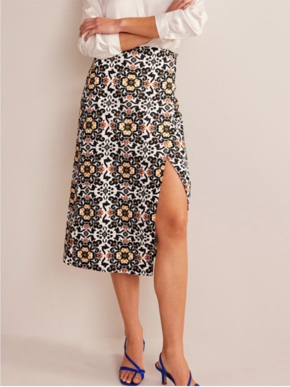BODEN Easy Wrap Midi Skirt, French Navy, Flower Strem, US 16-18R, NWT, $120